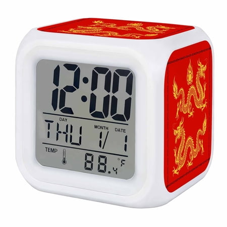 Red Yellow Dragon Digital Alarm Clock for Bedrooms, Smart LED Alarm Clock with 7 Color Changing Night Light, Happy New Year Silent Wake Up Clocks for Sleep Study Cooking 3.2"x3.2"