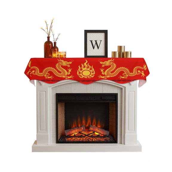 Red Yellow Dragon Fireplace Mantel Scarf Cover 60"Wx17"L, Fireplace Mantel Shelf Top Runner, Happy New Year Mantle Dresser Scarves Table Runner for Holiday Party Living Room Decorations