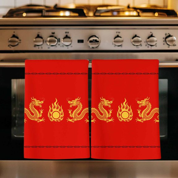 Red Yellow Dragon Kitchen Towels Set of 1, Happy New Year Absorbent Dish Towels for Kitchen, Microfiber Hand Towel, Quick Drying Tea Towel for Cleaning Decorative Dishcloths