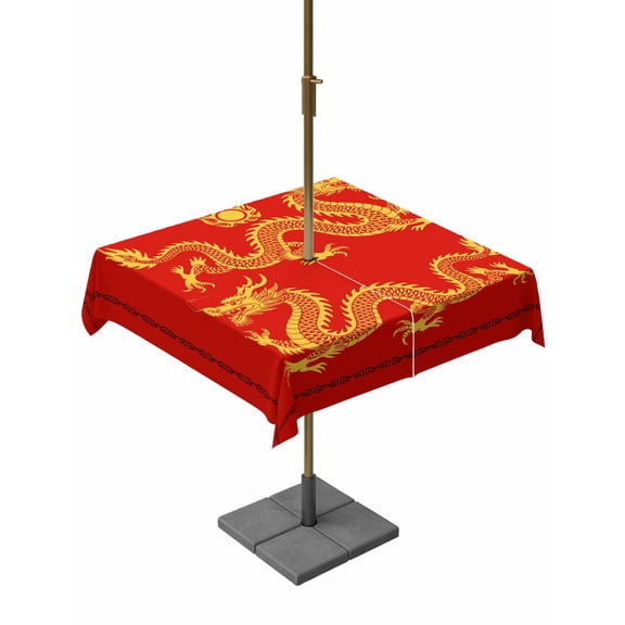 Red Yellow Dragon Table Cloth Rectangle Outdoor Tablecloth, Happy New Year Waterproof Wrinkleproof Table Cover with Umbrella Hole and Zipper for Party/Dining/Patio/Wedding 54x54 Inch