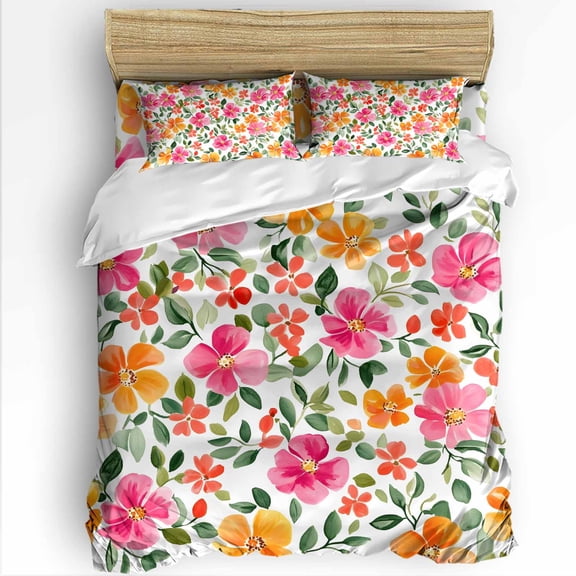 Red Yellow Floral King Size Comforter Set, Retro Spring Leaves Flower Soft Bedding for All Seasons, 4 Pcs Bed Set with 1Comforter (90"x106") ,1 Sheet(94"x116"), 2 Pillowcases (19"x35")
