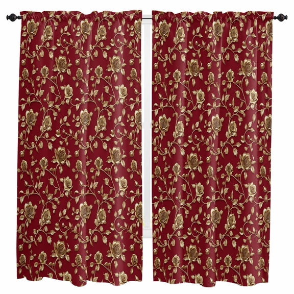 Red Yellow Floral Kitchen Curtain 2 Panels Curtains 72 Inch Length, Christmas Red Xmas Botanical Curtains Rod Pocket Curtains Window Drapes Treatment Window Cafe Curtains