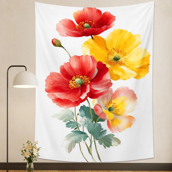 Red Yellow Floral Tapestry Wall Hanging, Watercolor Wildflowers Rustic Room Decor for Bedroom Living Room Dorm, 30 x 40 Inch