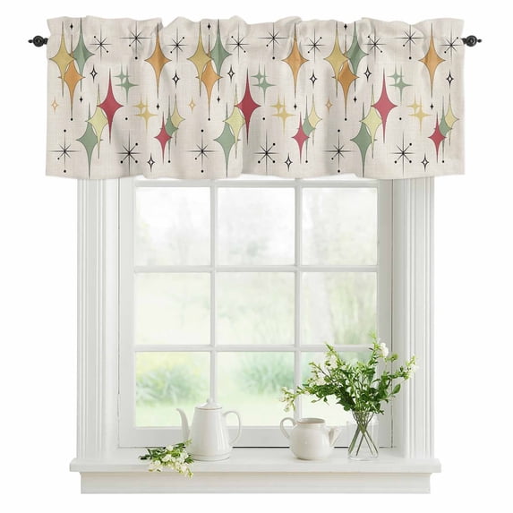 Red Yellow Green Diamond Valances for Windows, Rod Pocket Kitchen Valance Curtains - Soft & Washable Small Window Treatment for Living Room, Bathroom, Modern Geometric Mid Century Linen 42x12inch
