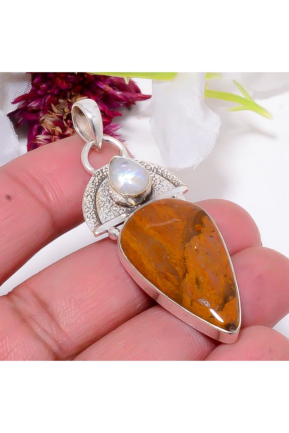 Red And Yellow Jasper - Indonesia & Rainbow Moonstone - India Designer Handmade 925 Sterling Silver Pendant 2.03" Sku19, Red & Yellow Pendant, Natural
