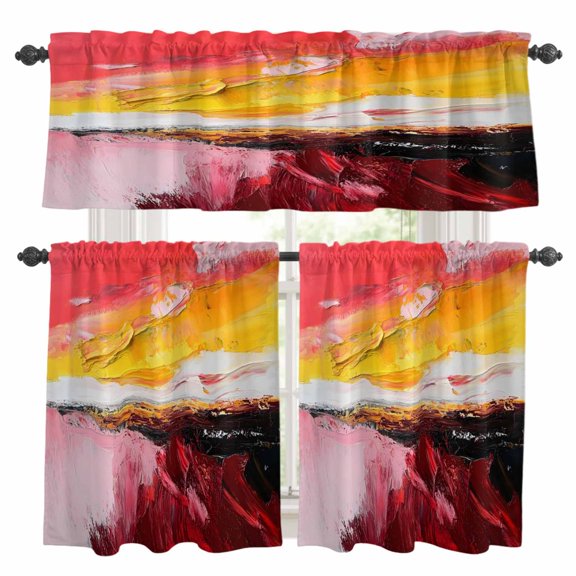 Red Yellow Kitchen Curtains Sets for Windows 24 Inch Length, Modern Oil Painted Abstract Artwork Rod Pocket Window Treatments Tier Curtains and Valances Set for Bedroom/Bathroom