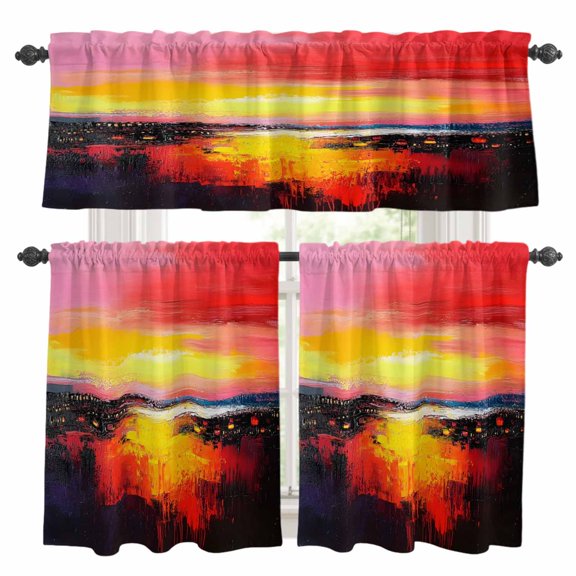Red Yellow Kitchen Curtains Sets for Windows 24 Inch Length, Oil Painted Abstract Artwork Modern Rod Pocket Window Treatments Tier Curtains and Valances Set for Bedroom/Bathroom