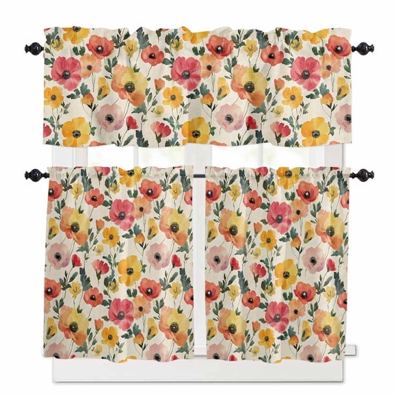 Red Yellow Kitchen Curtains Valance and Tier Set Poppy Watercolor Plant Flowers Pastoral Botanical Rod Pocket Short Curtains for Small Window 3 Pieces Set for Bedroom Cafe (54" x 18"+27" x 36")