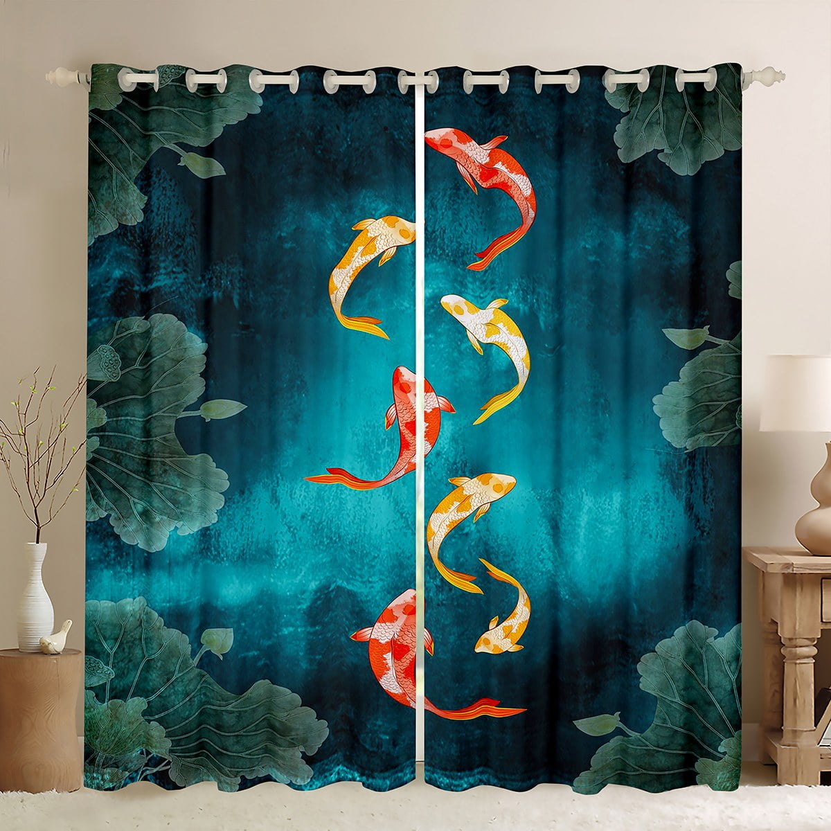 Red Yellow Koi Fish Curtains Oriental Japanese Curtains & Drapes, Turqoise Emerald Green