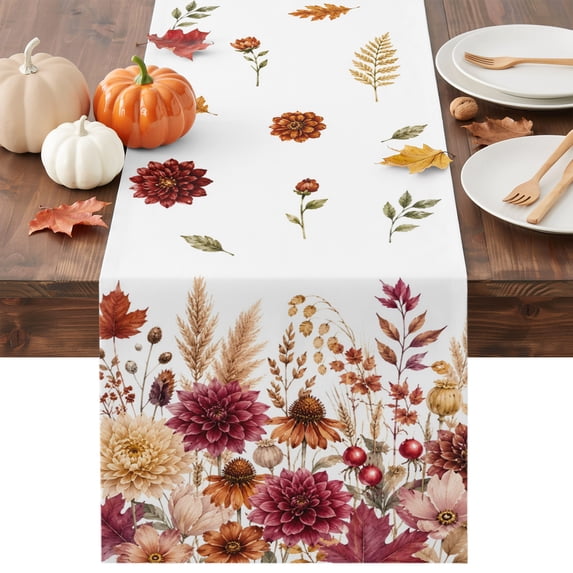 Red Yellow Orange Fall Table Runner - 90 Inch Long Autumn Floral Botanical Maple Leaf Cotton and Linen Blended Dress Scarves Farmhouse Table Runner for Kitchen Dining, Coffee Table, 13" x 90"