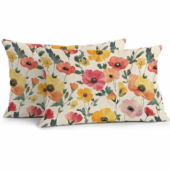 Red Yellow Outdoor Pillow Covers Pack of 2 Poppy Watercolor Plant Flowers Pastoral Botanical Waterproof Throw Pillow Covers Decorative Cushion Cases for Patio Garden Tent Balcony Couch 20x12 inch