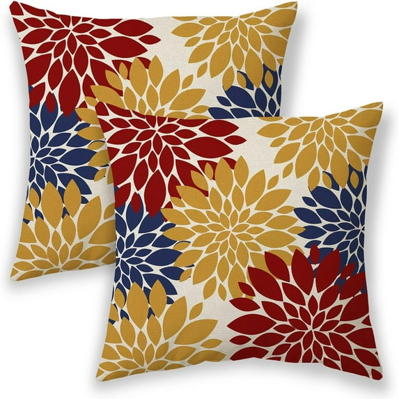 Red Yellow Pillow Covers 20x20 Set of 2, Navy Blue Floral Dahlia Farmhouse Decorations Throw Pillow Covers Geometry Design Summer Outdoors Decorative Linen Cushion Case for Couch Sofa Home