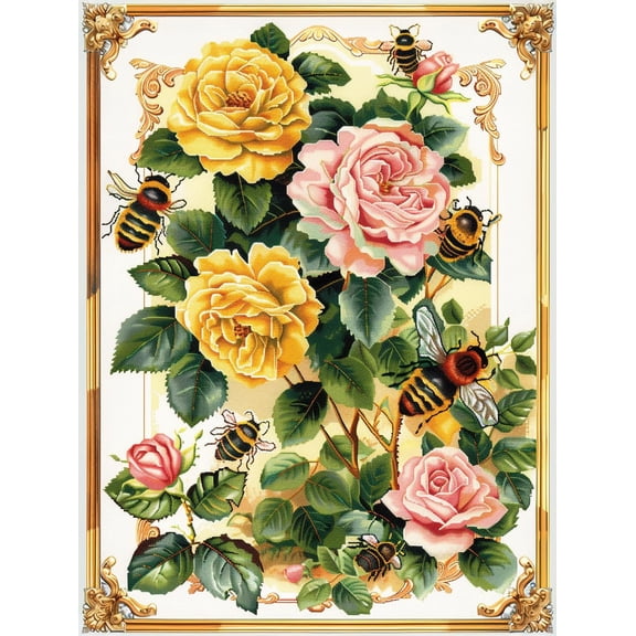 Red and Yellow Rose Flowers Bee DIY 11CT Stamped Cross Stitch Kits for Beginners Easy Needlepoint Embroidery Counted Cross Stitch Art Craft for Wall Decoration 12x16inch(9)