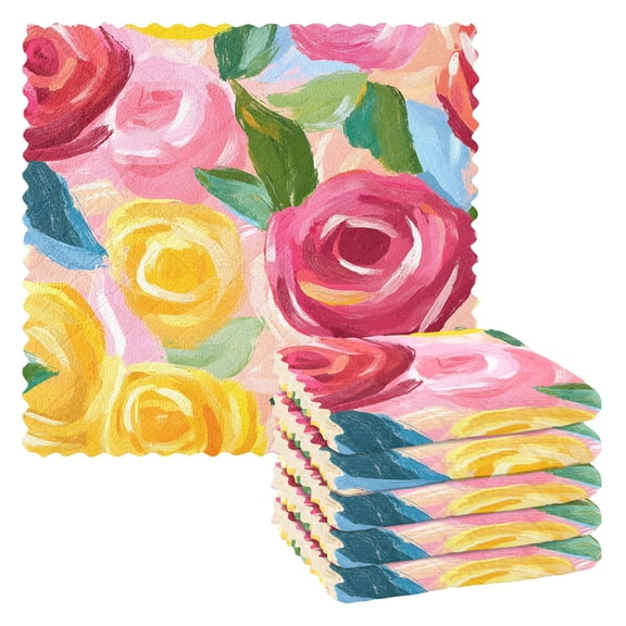 Red Yellow Rose Kitchen Cloth Dish Towels for Drying Washing Absorbent Dish Rags Reusable soft kitchen dishcloth set 6 Pack