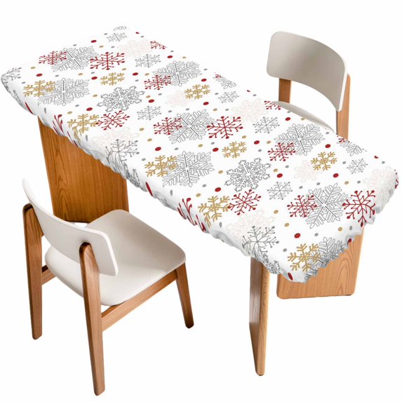 Red Yellow Snowflake Christmas Table Cloths for 8 Foot Rectangle Tables, Xmas Snowflake Winter Patio Waterproof Elastic Fitted Tablecloths, Washable Rectangular Table Cover for Camping