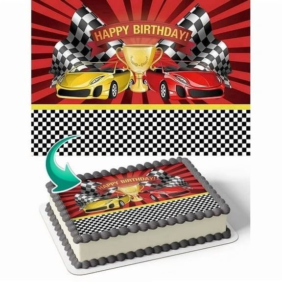 Red & Yellow Sports Car Racing Theme Trophy Flag Checkered Birthday Theme Edible Image Cake Topper For Quarter Sheet Cake By TNCT