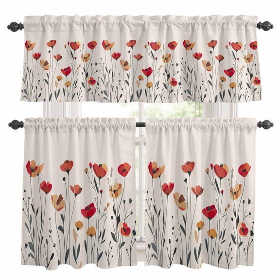 Red Yellow Spring Floral Kitchen Curtains Sets for Windows 36 Inch Length, Modern Abstract Art Rod Pocket Window Treatments Tier Curtains and Valances Set for Bedroom/Bathroom