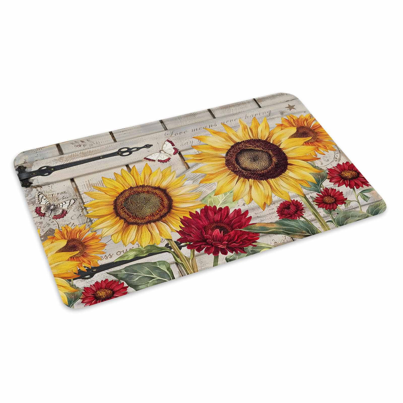 Red Yellow Sunflowers Doormat Outdoor Entrance 16"x24", Retro Rustic Barn Doors Butterfly Brown Absorb Moisture Dirt Door Mats, Non-Slip Rubber Backing Floor Mats Indoor, Low-Profile Front Door Rugs