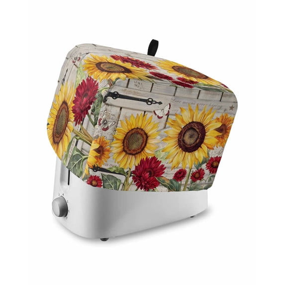 Red Yellow Sunflowers Small Toaster Cover 2 Slice, Kitchen Appliance Covers, Retro Rustic Barn Doors Butterfly Brown Toaster Oven Cover with Loop, Bread Machine Cover Polyester Dust Cover Protection