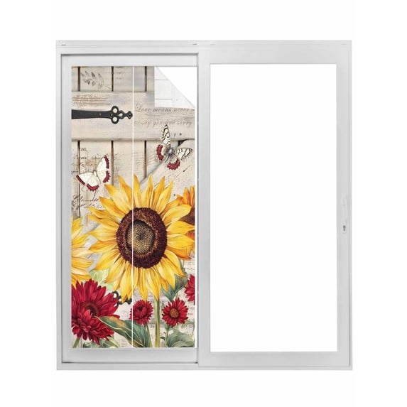Red Yellow Sunflowers Window Privacy Film, Retro Rustic Barn Doors Butterfly Brown Static Cling UV Sun Blocking Tint Film Heat Control Windows Films for Bedroom Bathroom, Window Stickers 17.7"x39.3"