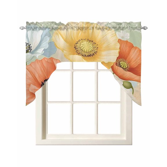 Red Yellow Swag Valance and Tier Curtains Set White Poppy Vintage Watercolor Plant Pastoral Kitchen Curtains 3 Piece Set Rod Pocket Panels for Bedroom Cafe 56x36 inch