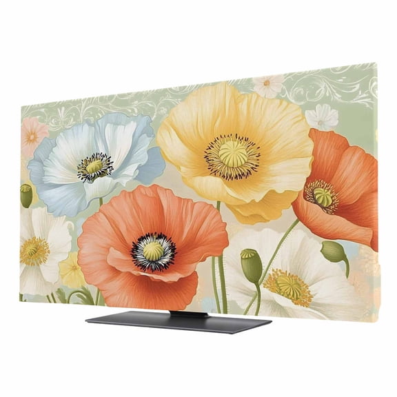 Red Yellow TV Dust Cover 24 Inch, White Poppy Vintage Watercolor Plant Pastoral Computer Monitor Cover Dustproof Stretchable Indoor TV Screen Protector for LED LCD Universal Monitors