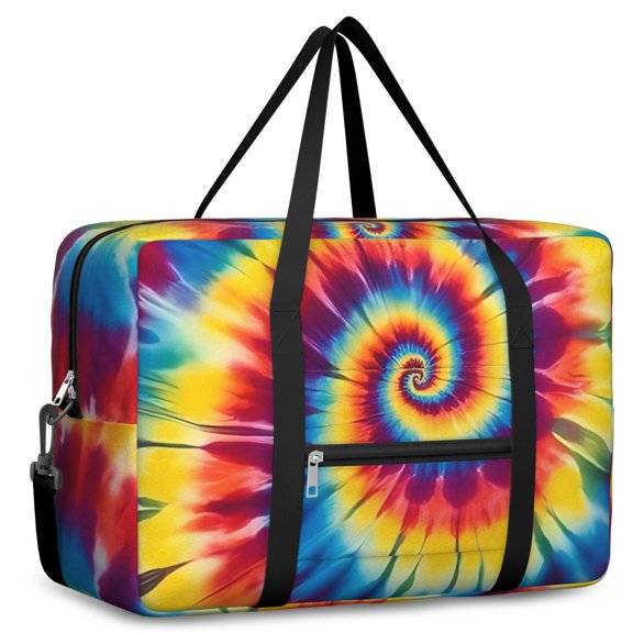 Red and Yellow Tie Dye Pattern Foldable Travel Duffel Bag, Airline Personal Item Bag with Front Pocket & Trolley Strap, Water Resistant Oxford Gifts for Women Men