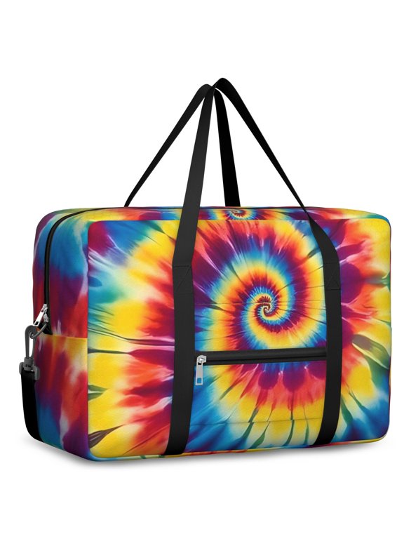 Red and Yellow Tie Dye Pattern Foldable Travel Duffel Bag, Airline Personal Item Bag with Front Pocket & Trolley Strap, Water Resistant Oxford Gifts for Women Men