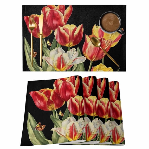 Red Yellow Tulip Placemats Set of 1, Butterfly Floral Leaf Non-Slip Place Mats Washable Table Mats for Kitchen Dining Table Decorations Indoor/Outdoor
