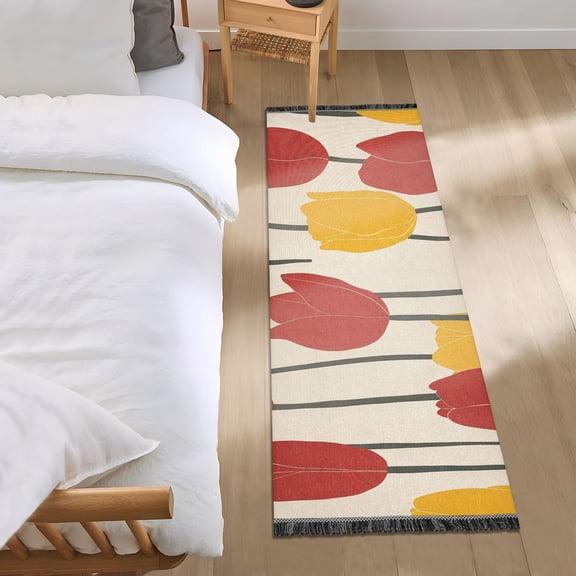 Red Yellow Tulips Bedside Runner Rug 2'x 6' Non Slip Carpet Floor Mat Area Rug
