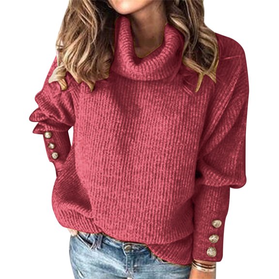 Young Adult Tops Ladies Fashion Solid Color Sweater Top Turtleneck Long Sleeve Buttons Autumn Winter Warm Soft ShirtTop Womens Shirt Size 4XL