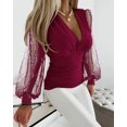 thumbnail image 1 of Red Young Adult Tops Women Deep V Neck Tops Slim Fit Puff Long Sleeve Elastic Waist Ruched Wrap Low Cut Blouse Shirt Crop Top Plus Size Tops for Women, 1 of 4