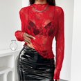thumbnail image 1 of Red Young Adult Tops Women's Spring Solid Color High Collar Lace Ear Edge Slim Fit Long Sleeve Top Going Out Tops for Women, 1 of 6