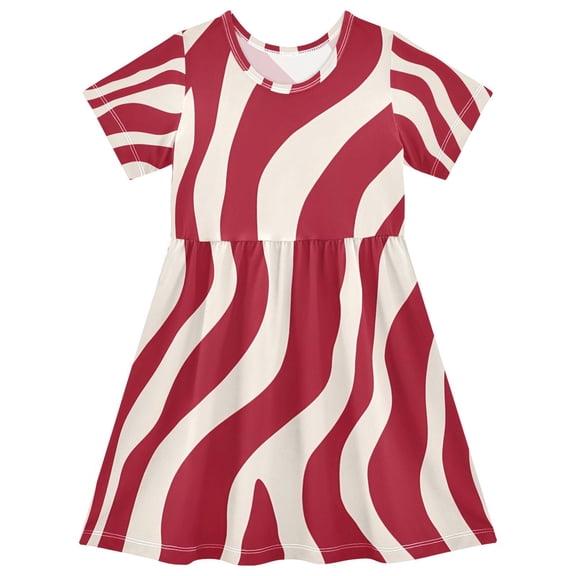 Red Zebra Pattern Girls Short Sleeve Dress A Line Sun Protection Breathable Comfort Sundress 5-6T
