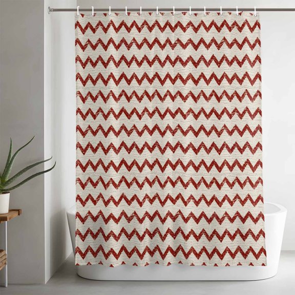Red Zigzag Line Bathroom Shower Curtain, Chevron Stripe Tribal Pattern Shabby Chic Farmhouse Waterproof Washable Soft Bath Curtain for Bathtub Decor with 12 Hooks&Grommet, 60x72in