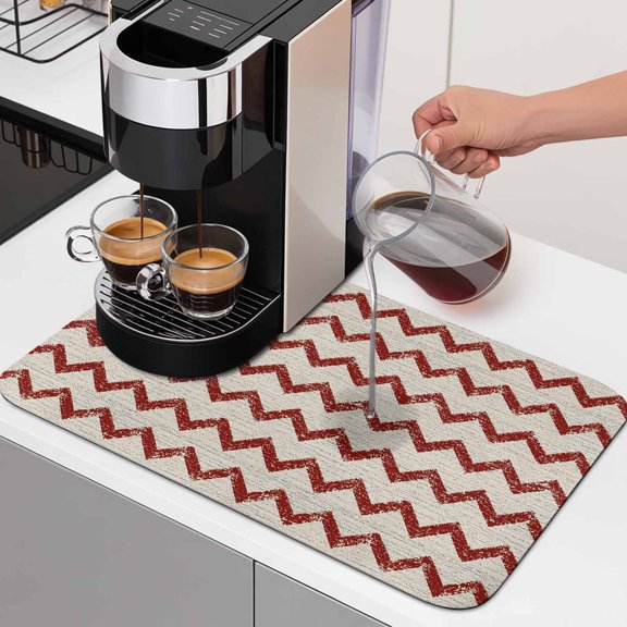 Red Zigzag Line Dish Drying Mats for Kitchen Counter, Chevron Stripe Tribal Pattern Shabby Chic Farmhouse Absorbent Coffee Bar Mat with Non-slip Rubber Backed Quick Drying Dish Rack Pad 12"x16"