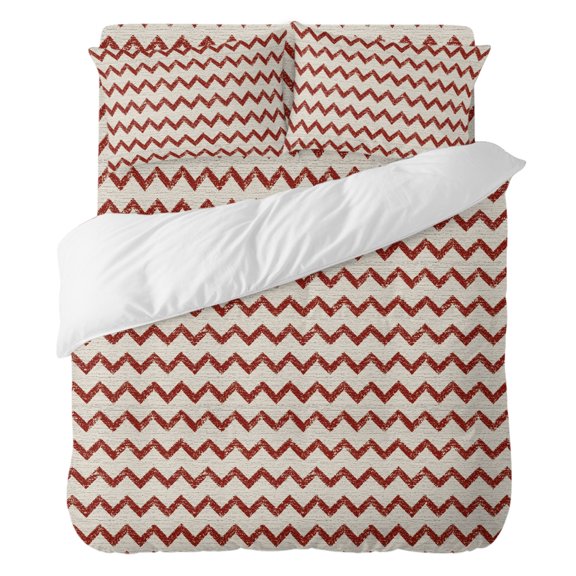 Red Zigzag Line Full Duvet Cover Set, Chevron Stripe Tribal Pattern Shabby Chic Farmhouse 4 Piece Microfiber Bedding Set with Zipper Closure, Bed Sheet and 2 Pillow Shams, Soft Bedding Cover