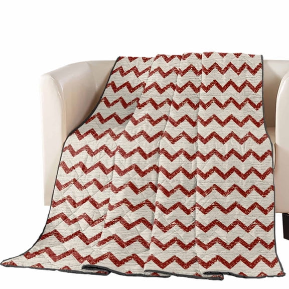 Red Zigzag Line Quilted Comforters Cooling Blanket Oversized Queen Size, Chevron Stripe Tribal Pattern Shabby Chic Farmhouse Cold Comfort for Hot Sleepers Air Conditioning Quilt Blanket for Bed