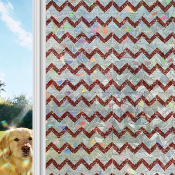 Red Zigzag Line Rainbow Window Privacy Film, Chevron Stripe Tribal Pattern Shabby Chic Farmhouse Stained Glass Window Film, Sun Blocking Glass Clings Non Adhesive Door Stickers 17.7 x 39.3 Inches