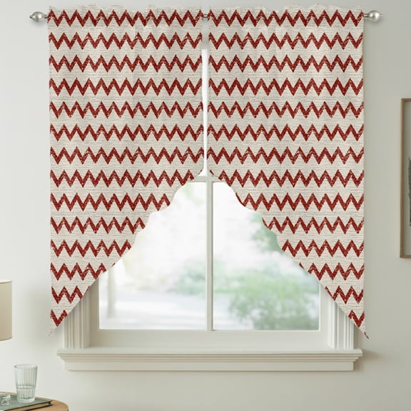 Red Zigzag Line Swag Kitchen Curtain Valances, Chevron Stripe Tribal Pattern Shabby Chic Farmhouse Rod Pocket Curtains Window Treatment Decor Valances for Bedroom Bathroom, 2 Panels 36 x 45 Inch