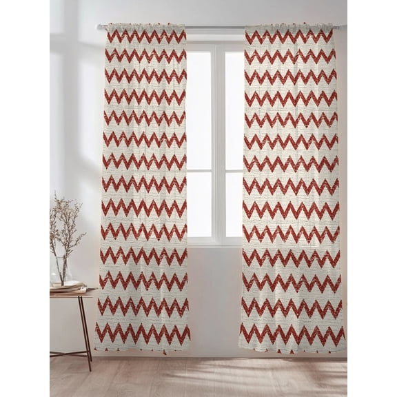 Red Zigzag Stripes Sheer Curtains 2 Panels Set Off White Linen Texture Background Lihgt Filtering Rod Pocket Voile Drape,Semi Sheer Window Curtains for Bedroom Living Room,52"x84"