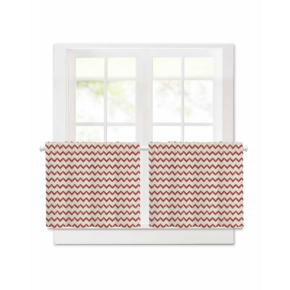 Red Zigzag Stripes Short Blackout Curtains 30 Inch Long,Off White Linen Texture Background Rod Pocket Kitchen Curtains,2 Panels Thermal Insulated Room Darkening Drapes for Bedroom,30"Wx30"L