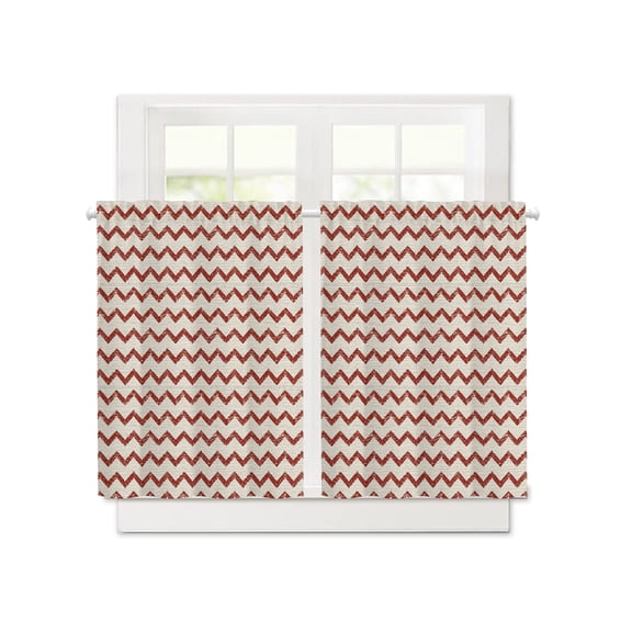 Red Zigzag Stripes Short Blackout Curtains 36 Inch Long,Off White Linen Texture Background Rod Pocket Kitchen Curtains,2 Panels Thermal Insulated Room Darkening Drapes for Bedroom,30"Wx36"L