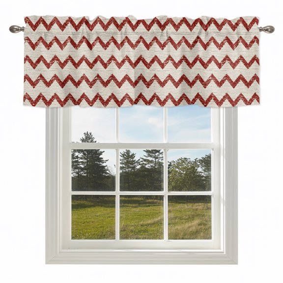 Red Zigzag Stripes Valances for Windows Off White Linen Texture Background Rod Pocket Curtain Valance Window Treatment Short Curtains for Kitchen Living Room,42x12in