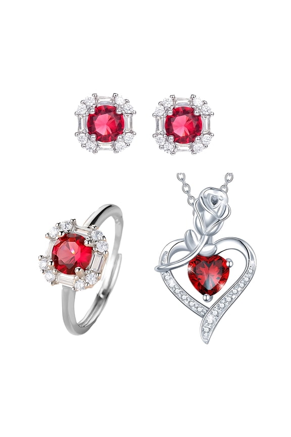 Red Zircon Love Heart Jewelry Set Rhinestone Necklace Stud Earrings Ring Set Romantic Accessories for Birthday Valentine Day Gift