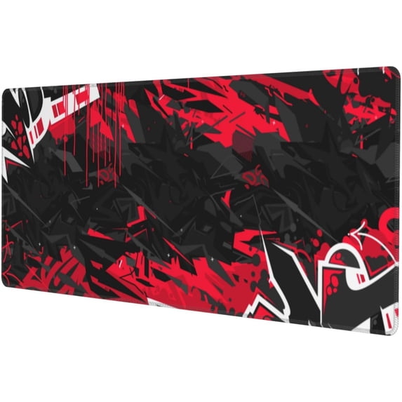 Red and Black Abstract Street Art Graffiti Extended Large Gaming Mouse Pad Non Slip Rubber Base Mousepad Stitched Edges 31.5 X 11.8 Inch
