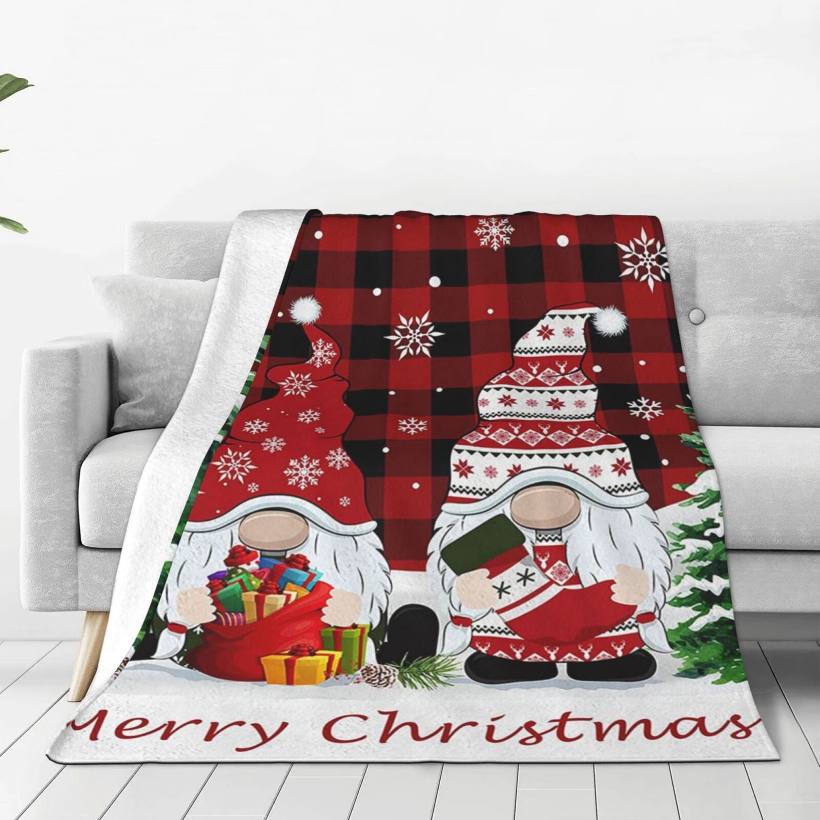 Red and Black Buffalo Plaid Christmas Flannel Throw Blanket, Gnome with