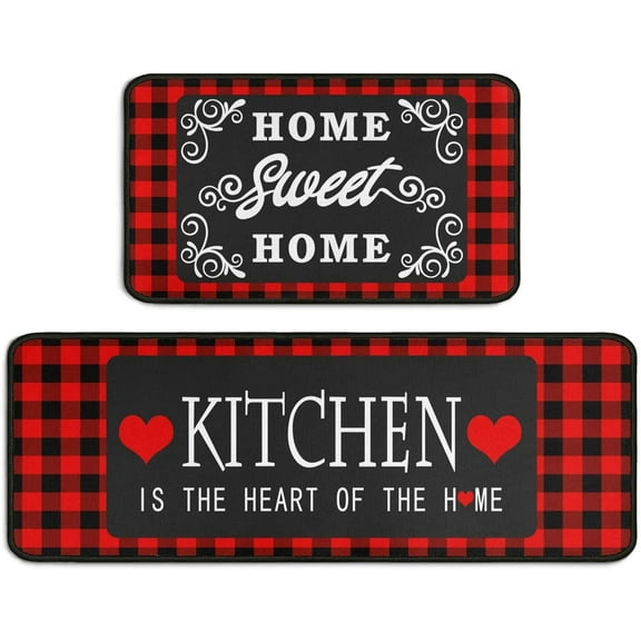 Red and Black Buffalo Plaid Kitchen Decor Rugs Set 2 Piece, Farmhouse Style Home Indoor Kitchen Rugs and Mats Non Skid Washable 17x47+17x30 Inches