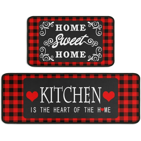 Red and Black Buffalo Plaid Kitchen Decor Rugs Set 2 Piece, Farmhouse Style Home Indoor Kitchen Rugs and Mats Non Skid Washable 17x47+17x30 Inches