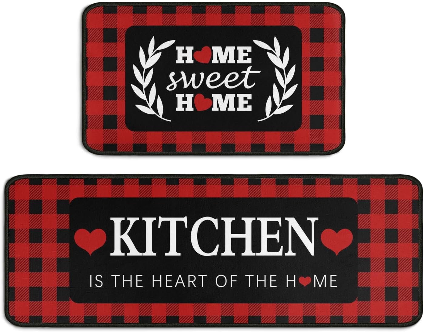 Red and Black Buffalo Plaid Kitchen Decor Rugs Set 2 Piece, Farmhouse